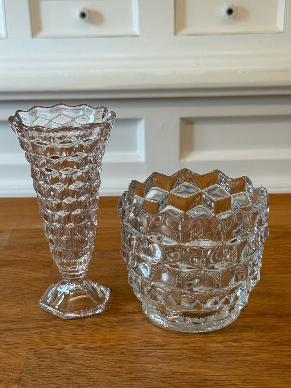 ✨ Vintage Fostoria American Cube Glass Set | Bud Vase + Crimped Bowl 💎